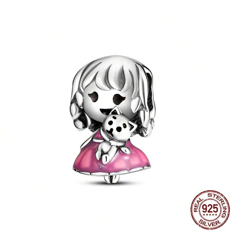 一件925純銀可愛女孩吊墜,姊妹好友生日珠寶diy禮物,彩色搪瓷吊墜 - 杏色 - 查看 1