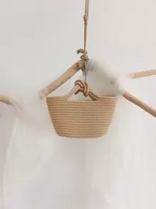 1 件米色吉祥结编织绳小手提包，可爱手提包适合女性、节日和日常使用 - 卡其色 - 查看 5
