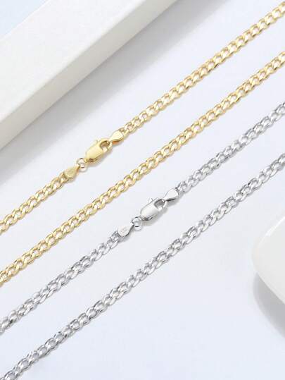 1 PC 3mm Width Genuine 925 Sterling Silver Italian Rhinestone Cut Cu-ban Link Curb Chain Necklace for Women Men Necklace Simple Link Chain Choker Gorgeous Jewelry Best Gift for Wearing