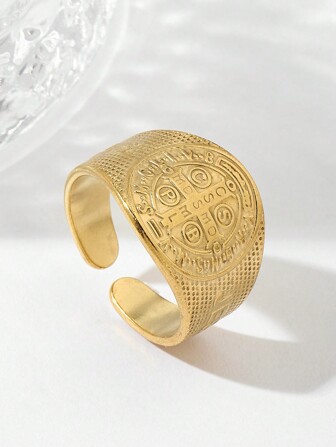 1pc Titanium Steel St Benedict's medal Wide Ring, Suitable For Daily Wear For Both Men And Women, Casual Retro Style