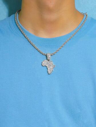 1PC Iced Out Map Pendant Necklace 4mm Rope Chain Classic Street Style For Men Women