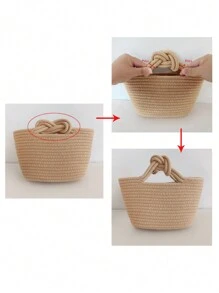 1 件米色吉祥结编织绳小手提包，可爱手提包适合女性、节日和日常使用 - 卡其色 - 查看 9