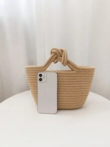 1 件米色吉祥结编织绳小手提包，可爱手提包适合女性、节日和日常使用 - 卡其色 - 查看 8