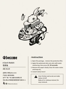1 hoja Tatuaje conejo impermeable dibujos animados lindo animal falso - Negro - Ver 5