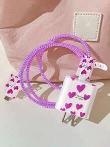 5pcs/Set Cartoon Pink Heart Themed Cable Organizer, Cable Protector & 20w Fast Charge Data Cable Compatible With Apple Phones, With 1.5m Coiling Line & Anti-Breakage Function - Purple - View 1