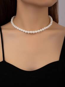 1pc Summer Classic Style Simple 8mm Faux Pearl Necklace - White - View 1