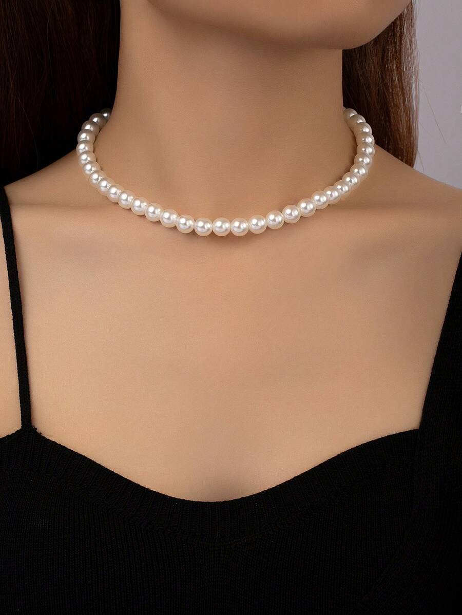 1pc Summer Classic Style Simple 8mm Faux Pearl Necklace - White - View 1