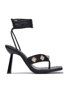 Rona Women's Rhinestone Spike Trim Strappy High Heels - Black - View 4
