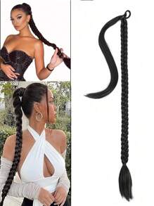 1pc Long Synthetic Box Braided Hair Ponytail, Pre-Braied Fiber Ponytail For Party, Wedding, Travel,Daily Use - Black - View 2