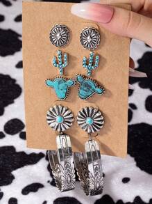 5 Pairs Western  Style Cow Head Cactus Stud Earrings Large Hoops Set for Women - Antique Silver - View 2