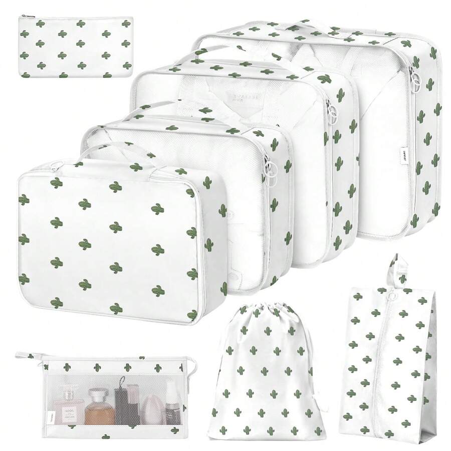 7 件/8 件旅行收纳袋，衣服鞋子化妆品洗漱用品收纳袋，（米色、蓝色、灰色、粉色） - 白色 - 查看 1