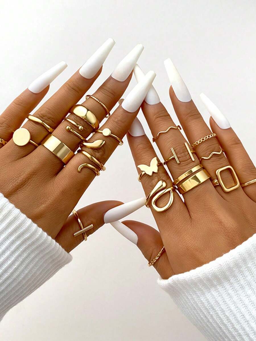 22pcs/set New Arrival Multiple Joint Rings Set, Including Heart Shaped Ring & Unique Butterfly Ring For Women - Gold - View 1