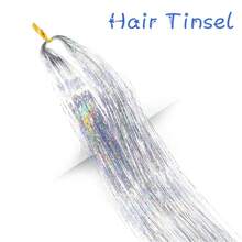 Hair Tinsel 48Inch 200 Strands Glitter Hair Extensions Sparkling Shiny Hair Tinsel Strands Kit Heat Resistant For Women Girls 1pc Silver Color - Silver - View 3