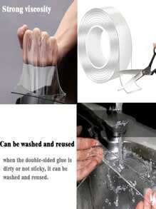 1pc透明纳米胶带可水洗可重复使用双面胶带粘性纳米无痕贴纸可移除万能胶纳米透明胶带亚克力双面胶防水无痕胶耐高温 - 無色 - 查看 2