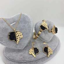 5入組不鏽鋼空心楓葉設計珠寶套裝,包括項鍊、耳環、戒指、手鐲和鎖骨鏈 - 金色 - 查看 3