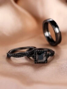 Vanel 3pcs Sang trọng Đen Cái vuốt Bộ Khối Zirconia Trang trí Bộ nhẫn , Thích hợp Đối với Của phụ nữ Buổi tiệc Đồ trang trí In Phong cách Gô-tích - màu đen - Xem 4