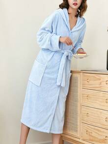 1pc Solid Color Coral Fleece Bathrobe With Hood & Pocket, Quick-dry, Absorbent, Soft, Family Robe - Blue - View 2