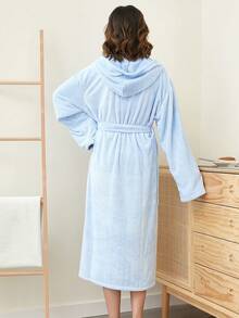 1pc Solid Color Coral Fleece Bathrobe With Hood & Pocket, Quick-dry, Absorbent, Soft, Family Robe - Blue - View 5