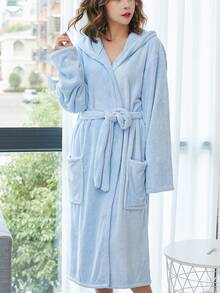 1pc Solid Color Coral Fleece Bathrobe With Hood & Pocket, Quick-dry, Absorbent, Soft, Family Robe - Blue - View 7