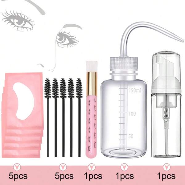 13 Peças Kit de Limpeza de Extensão de Cílios 5 em 1 Pincel de Xampu de Cílios, Espuma de Sabonete, Conjunto de Garrafas de Lavagem, Máscaras de Sobrancelha, Varetas, Almofadas de Gel de Cílios, Ferramentas de Beleza de Salão