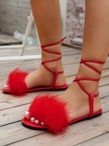 Sandalias planas de moda de mujer con decoración de piel, zapatillas de playa informales con correa, zapatos de gran tamaño para mujer europeos y americanos - Rojo - Ver 2