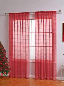 1pc Plaid Pattern Window Curtains, Suitable For Living Room & Bedroom - Red - View 2