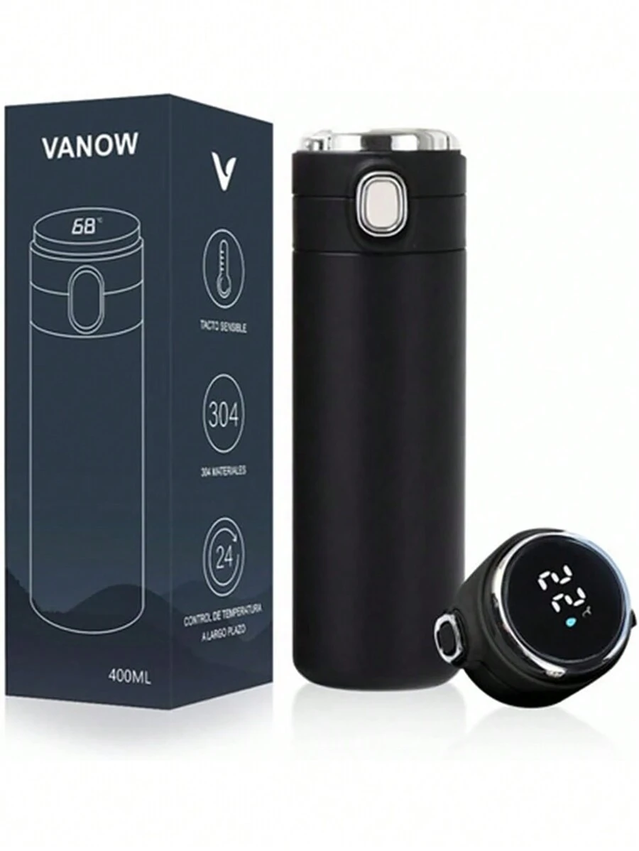 Termo Inteligente 400 ml, Botella de Agua Deportiva de Vacío Aislada, Mantiene el Calor y el Frío Durante 6 Horas, Termo para Cafa de Acero Inoxidable y Termo a Prueba de Fugas Taza de Café de Viaje - Negro - Ver 1