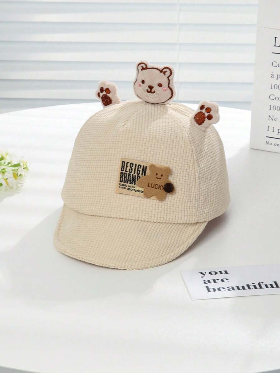 1件中性嬰兒棒球帽，卡通3D熊設計，加厚厚實，適用於秋冬季節 - 米色 - 查看 1