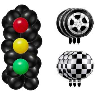 40 pièces Décorations de fête de voiture, ballons gonflables en forme de pneus et de feux de circulation, fournitures de fête incluant des ballons à damier en feuille, des ballons de pneu, de la colle, une chaîne, décorations de fête d'anniversaire adaptées aux fans de course automobile, Noël
