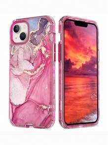 情人节粉色电镀大理石纹三防手机壳 精准开孔 配钢化玻璃 兼容Iphone - 粉色 - 查看 5