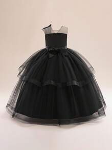 Petal Princesses Tween Girls Solid Satin & Mesh Contrast Elegant Piano Recital Dress For School Performance, Birthday Party