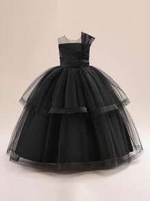Petal Princesses Tween Girls Solid Satin & Mesh Contrast Elegant Piano Recital Dress For School Performance, Birthday Party