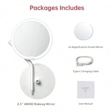 AMIRO Mate S Illuminated LED Makeup Mirror, 8 Inch Rechargeable Adjustable Brightness Makeup Mirror, Memory Function, Touch Screen Control, 180° Rotation, Detachable 5x Magnifying Mirror, Home Portable Travel Mirror, White - White - View 11