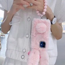 苹果可爱手机壳 16 1 件毛绒蝴蝶结兔耳手机壳带腕带，适用于 15 Pro Max/14 系列/13 Pro/12/11 手机，秋冬防水防震防摔防刮 - 粉色 - 查看 4