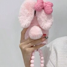 苹果可爱手机壳 16 1 件毛绒蝴蝶结兔耳手机壳带腕带，适用于 15 Pro Max/14 系列/13 Pro/12/11 手机，秋冬防水防震防摔防刮 - 粉色 - 查看 3