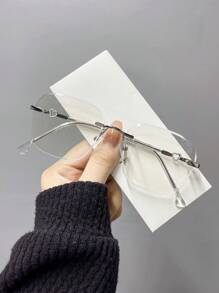 1 副男女通用方形无框镂空心形时尚金属眼镜，适合日常佩戴 - 銀色 - 查看 1