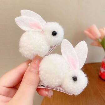 2pcs Women's Lovely Cartoon Rabbit Plush Hair Clips For Bangs Decoration Cute,Hair Accessories,Hair Barrettes Claw Clips, School Stuff, Winter