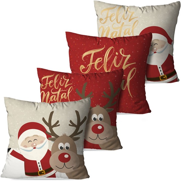 Kit com 4 Capas para Almofadas Decorativas Natalinas Feliz Natal DcoreAqui