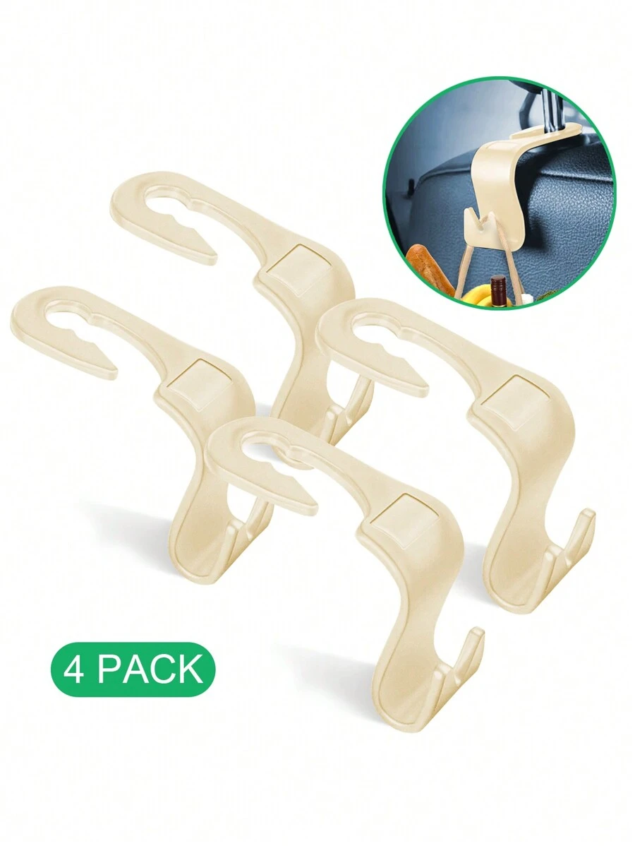 4入組汽車座椅頭靠掛鉤,高韌性ABS材質輕便和耐用,設計適用於懸掛收納盒子,背包,雜貨店包,,適用於全部車型號 - 米色 - 查看 1
