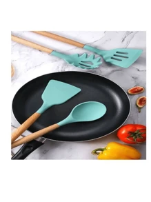 FANOVA Set 12 espatulas utensilios de cocina de silicona con mango de madera - Verde Oscuro - Ver 7