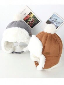 1 件装灰色男女通用冬季护耳无檐便帽，适合幼儿、婴儿，带厚保暖内衬和大毛皮绒球 - 灰色 - 查看 2