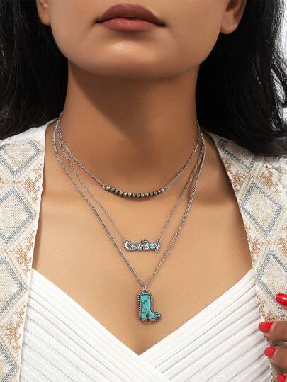 1件古銀色海藍寶石男孩女孩牛仔靴西部疊穿項鍊適合女性