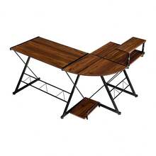 L-Shaped Laptop Table, Computer Table With Printer And Case Stand, Wooden And Metal Desk, Can Be Used As 2 Separate Tables, Iron Frame, Height-Adjustable Feet - Brown - View 2