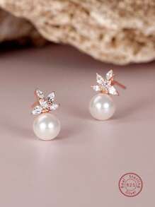 1對時尚 S925 銀落葉珍珠耳釘，適合女士日常佩戴