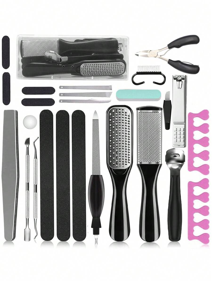 25pcs Manicure & Pedicure Nail Care Set With Foot Rasp & Callus Remover Tools - Black - View 1