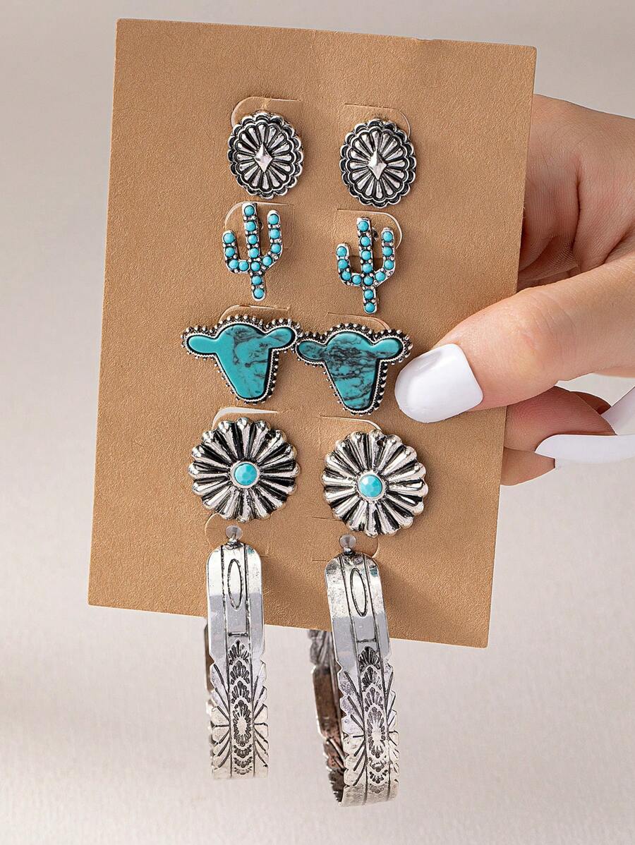 5 Pairs Western  Style Cow Head Cactus Stud Earrings Large Hoops Set for Women - Antique Silver - View 1
