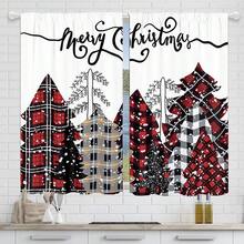 2片組,聖誕節主題紅色聖誕樹和奶牛圖案數字印花滌綸簾幕,帶有口袋和掛桿安裝,適用於客廳、廚房、臥室、浴室、客房、咖啡店、旅館、教室、書房、家居裝飾 - 中紫紅色 - 查看 2