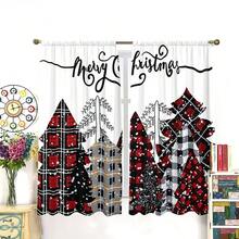 2片組,聖誕節主題紅色聖誕樹和奶牛圖案數字印花滌綸簾幕,帶有口袋和掛桿安裝,適用於客廳、廚房、臥室、浴室、客房、咖啡店、旅館、教室、書房、家居裝飾 - 中紫紅色 - 查看 3