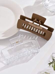 2pcs Women's Simple Coffee, Transparent & White Color Hair Claw Clips For Daily Use - Multicolor - View 3