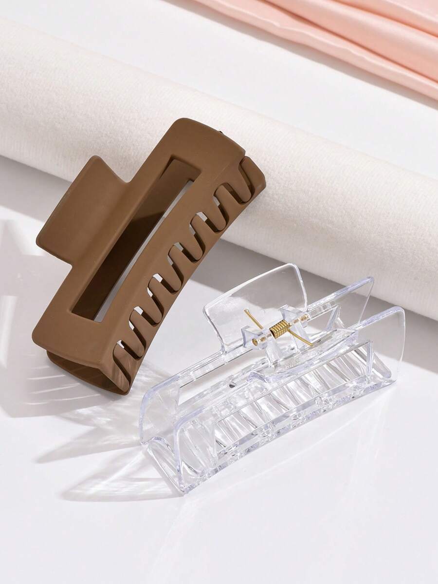 2pcs Women's Simple Coffee, Transparent & White Color Hair Claw Clips For Daily Use - Multicolor - View 1